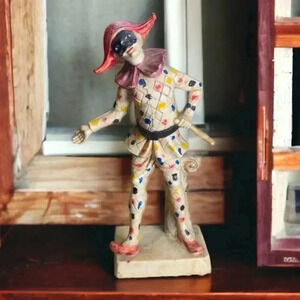 Vintage MCM 1950s Harlequin Clown Jester Figurine Resin Hand Painted in Italy